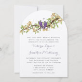 Invitation Mariage forme d'arche oiseau violet jaune bohème  (Devant)