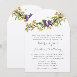 Invitation Mariage forme d'arche oiseau violet jaune bohème
