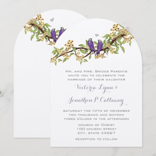 Invitation Mariage forme d'arche oiseau violet jaune bohème  (Devant / Derrière)