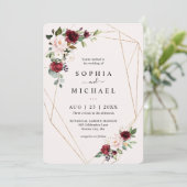Invitation Mariage Forme Géométrique Dorée Fleurs Rose et Vin (Debout devant)