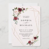 Invitation Mariage Forme Géométrique Dorée Fleurs Rose et Vin (Devant)