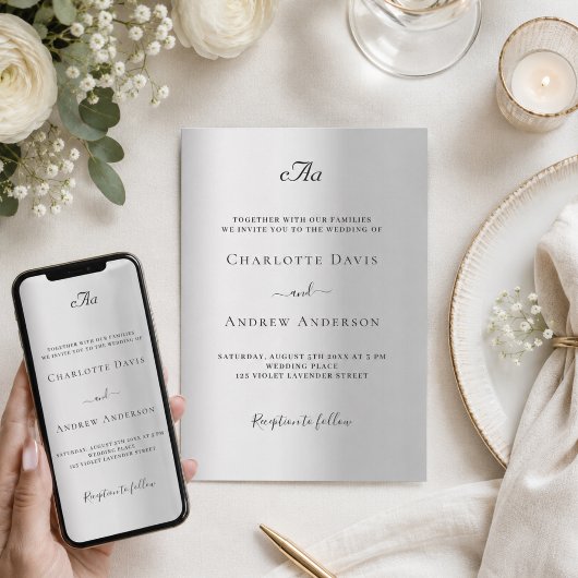 Invitation Mariage formel avec monogramme argenté
