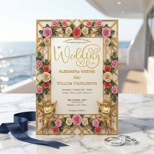 Invitation Mariage Formel Baroque Ange et Rose Poussiéreuse