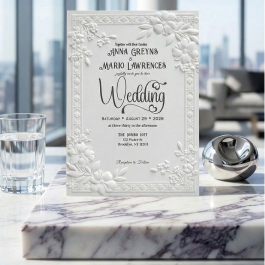 Invitation Mariage Formel Blanc Floral en Relief