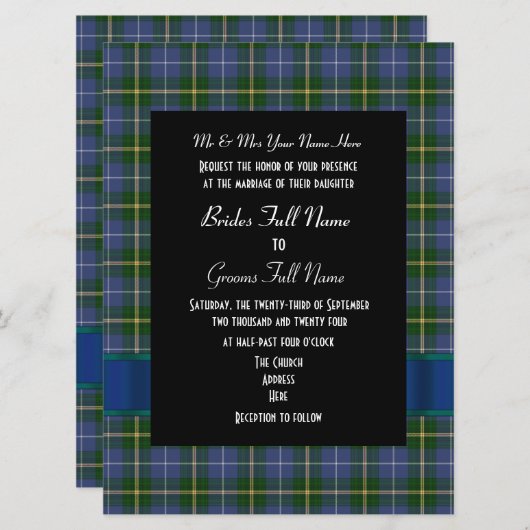 Invitation Mariage formel bleu et vert tartan plaid (Devant / Derrière)