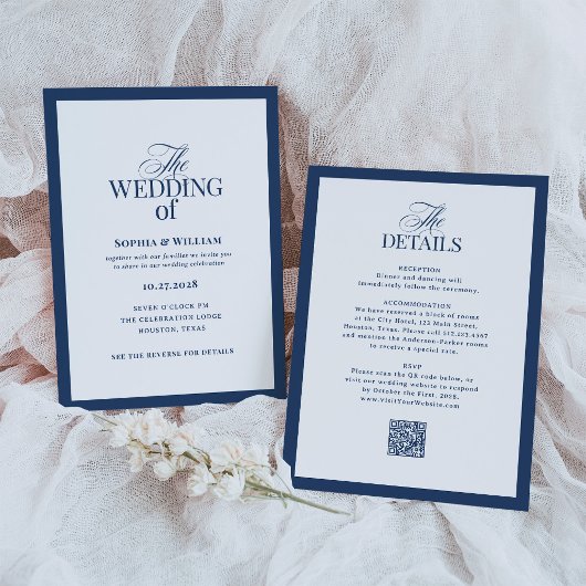 Invitation Mariage Formel Bleu Marine avec Code QR de RSVP