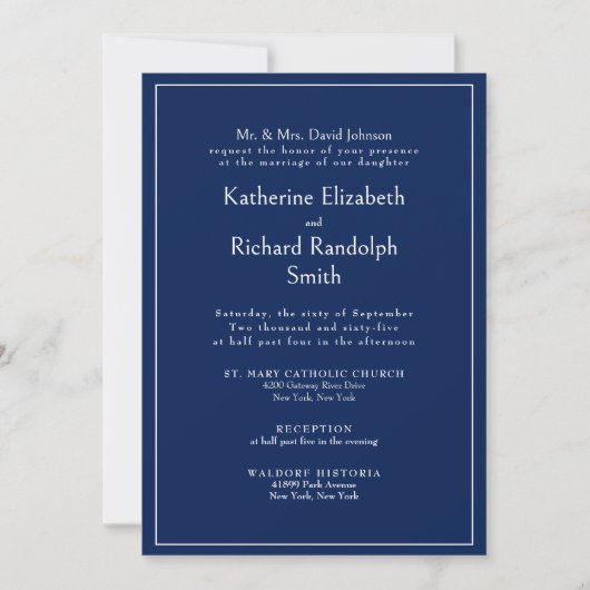 Invitation Mariage Formel Bleu Saphir Parents de la Mariée (Devant)