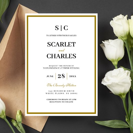 Invitation Mariage Formel Classique Monogramme Noir Or