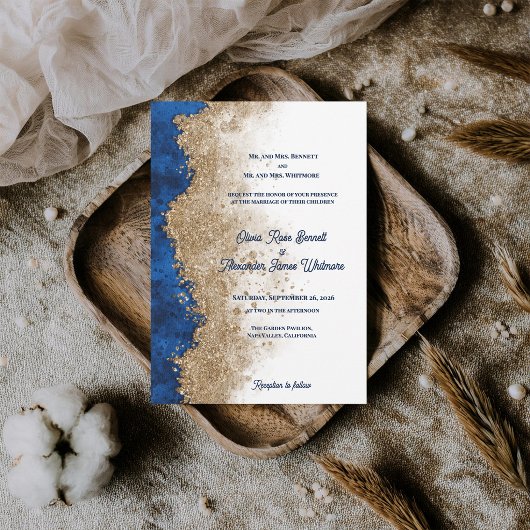 Invitation Mariage Formel de Luxe Abstrait Bleu Royal Or