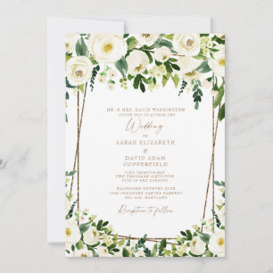 Invitation Mariage Formel Élégant Blanc Floral et Or