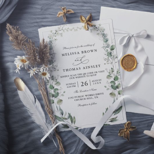 Invitation Mariage Formel Élégant Botanique Acrylique Code QR