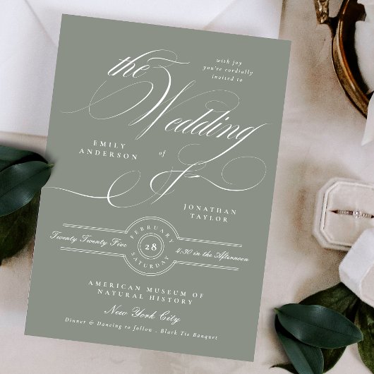 Invitation Mariage Formel Élégant Calligraphie Gris Vert