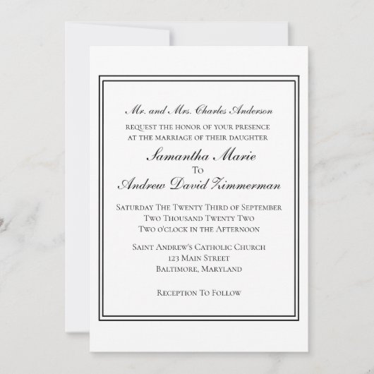 Invitation Mariage Formel Élégant Classique Bordure Blanche N (Devant)