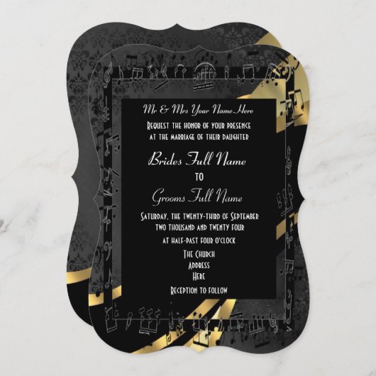 Invitation Mariage formel élégant d'or noir chic (Devant / Derrière)