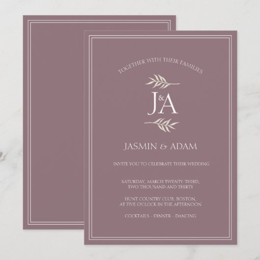 Invitation Mariage Formel Élégant Initiales Classiques Violet (Devant / Derrière)