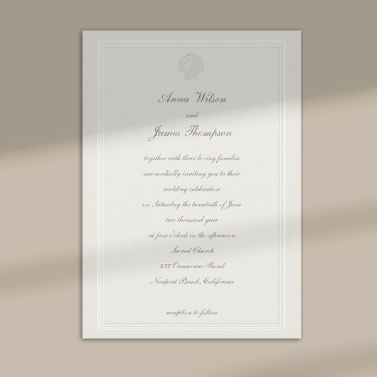 Invitation Mariage formel Faux Embossé Frame Seashell Ecru