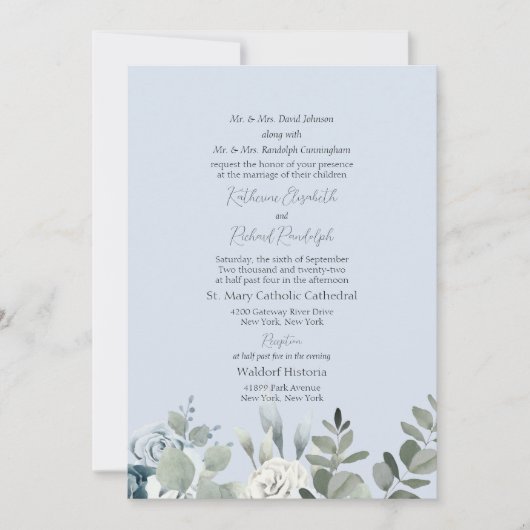 Invitation Mariage Formel Fleurs Bleu Poussiéreux des Deux Pa (Devant)
