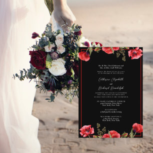 Invitation Mariage Formel Fleurs Rouges Noir