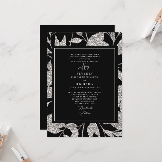 Invitation Mariage Formel Glamour Noir et Argent (Devant/Arrière en situation)