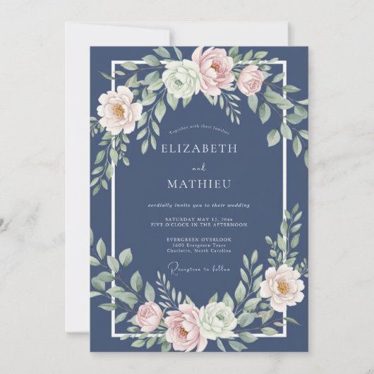 Invitation Mariage Formel Intemporel Bleu Nuit (Devant)