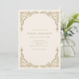 Invitation Mariage Formel Ivoire Doré Orné de Rouleaux
