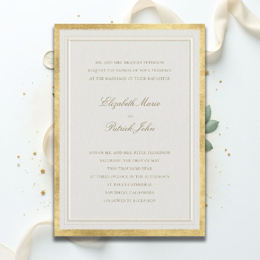 Invitation Mariage Formel Moderne Classique Élégant Doré Écru