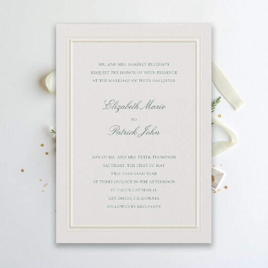 Invitation Mariage Formel Moderne Classique Élégant Vert Ecru