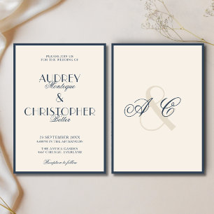 Invitation Mariage Formel Monogramme Bleu Nuit Argenté
