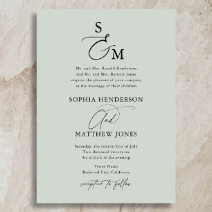 Invitation Mariage Formel Monogramme Calligraphie Vert Sauge