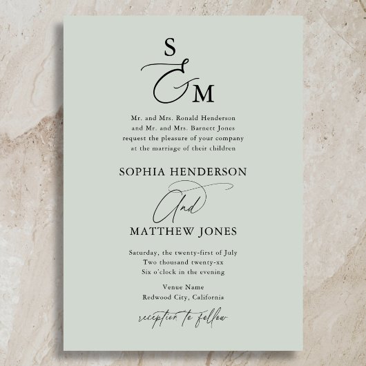 Invitation Mariage Formel Monogramme Calligraphie Vert Sauge