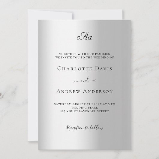 Invitation Mariage formel monogrammé en argent (Devant)
