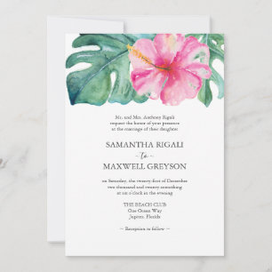 Invitation Mariage Formel Monstera Feuille d'Hibiscus Rose