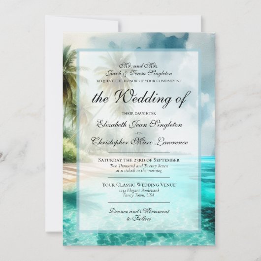 Invitation Mariage Formel Plage Tropicale & Palmiers (Devant)
