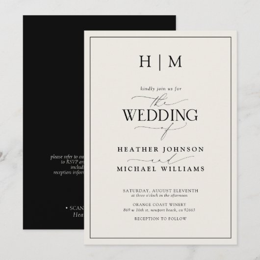 Invitation Mariage Formel QR Code Noir Ivoire Monogramme Scri (Devant / Derrière)