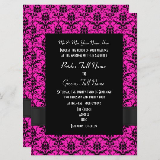 Invitation Mariage formel rose et noir damassé (Devant / Derrière)