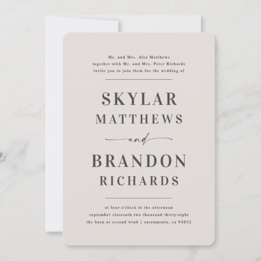 Invitation Mariage formel simple et minimal non blanc (Devant)