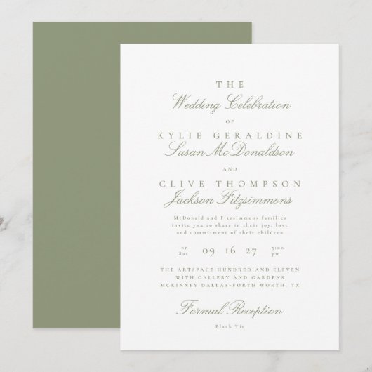 Invitation Mariage Formel Traditionnel Classique Vert Sauge (Devant / Derrière)