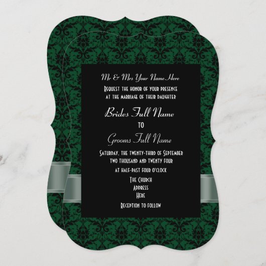 Invitation Mariage formel vert et noir damassé (Devant / Derrière)