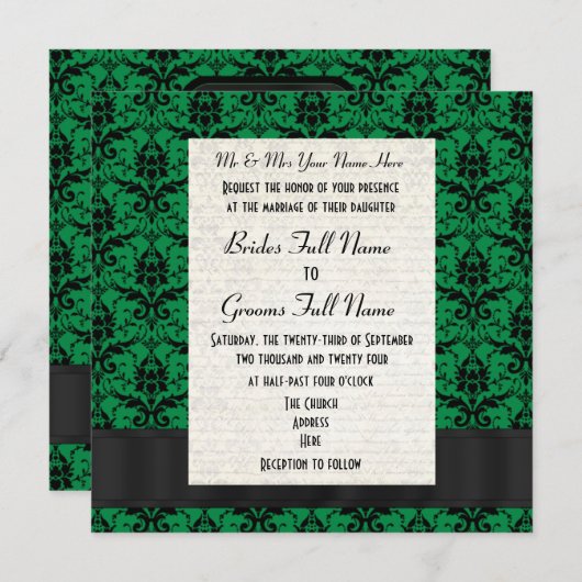 Invitation Mariage formel vert et noir damassé (Devant / Derrière)