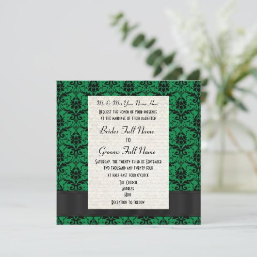 Invitation Mariage formel vert et noir damassé (Debout devant)