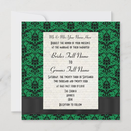 Invitation Mariage formel vert et noir damassé (Devant)