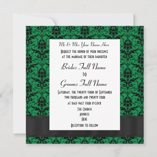 Invitation Mariage formel vert et noir damassé (Devant)