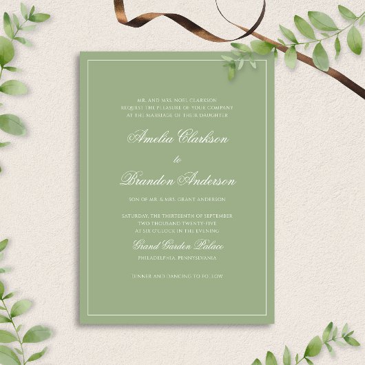 Invitation Mariage Formel Vert Sauge Réel Bordure Script