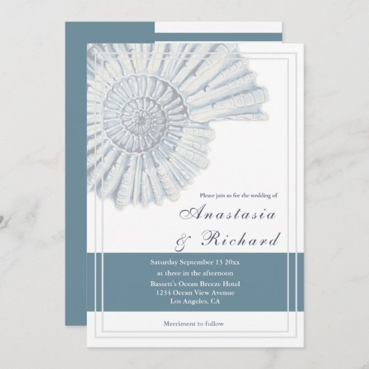 Invitation Mariage fossile Nautical Blue Beach Shell (Devant / Derrière)