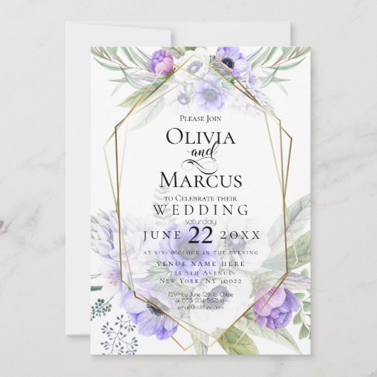 Invitation Mariage | Frame à fleurs d'anémone violet (Devant)