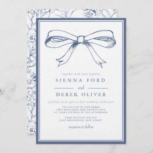 Invitation Mariage français Elegance Blue Bow (Devant / Derrière)