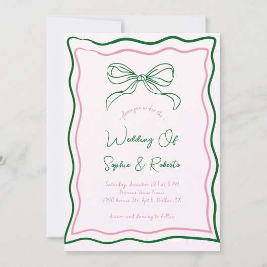 Invitation Mariage français Retro Bow rose et vert (Devant)