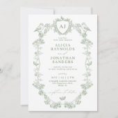 Invitation Mariage français victorien vert sauge tout-en-un (Devant)