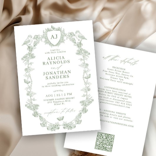 Invitation Mariage français victorien vert sauge tout-en-un