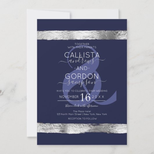 Invitation Mariage frontalier Blue Silver Brushstroke de la m (Devant)